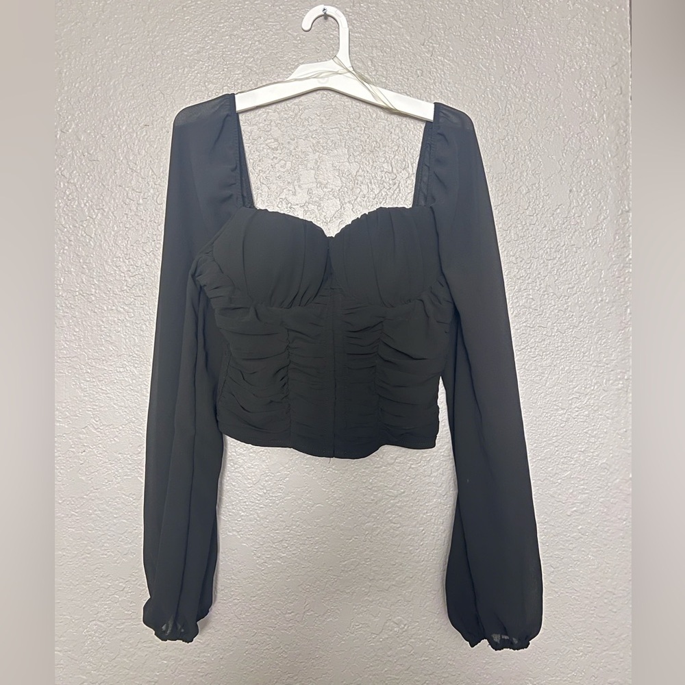 Blue Bell Sheer Long Sleeve Ruched Crop Top Black Large